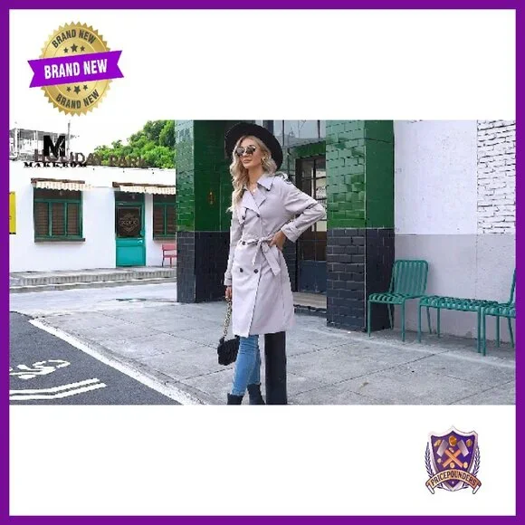 Women's Double Breasted Long Trench Coat Windproof Slim Fit Overcoat